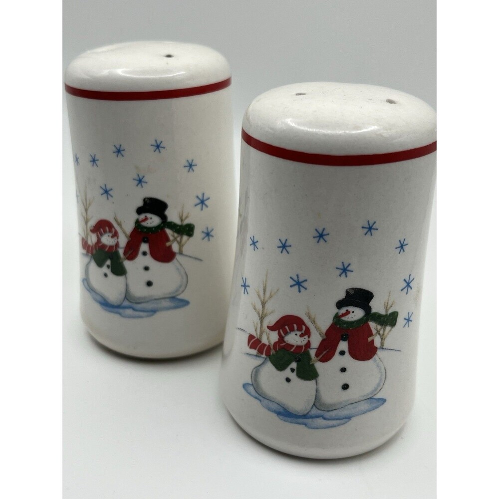 Vintage Stoneware Snow Men Salt N Pepper Shakers* Christmas Winter Table